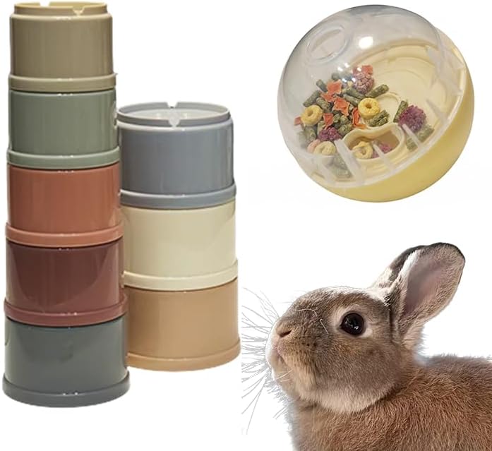 Rabbit Enrichment and Sniffing Toy set,Interactive Bunny Treat Ball & Bunny Stacking Cups toys for Guinea Pig Rabbit and Small Animal, Bunny ToyTreat Dispensing Slow toys for bunnies boredom 2PC