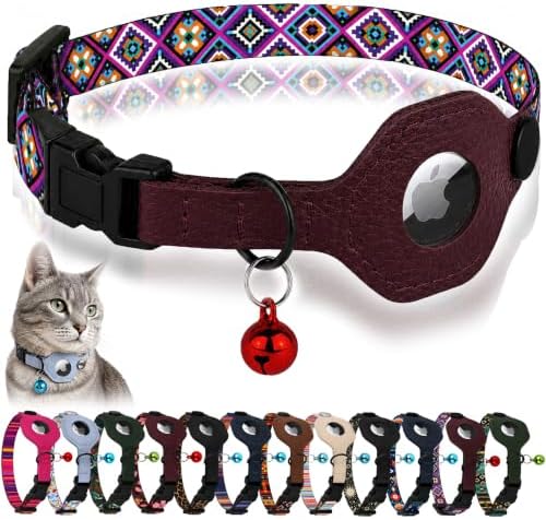 Breakaway Cat Collar with Leather AirTag Holder & Bell - Apple Air Tag Cat Collars for Girls & Boys, Lightweight Anti-Lost GPS Tracker Design, Printed Pattern - Safety and Adjustable (Aztec)
