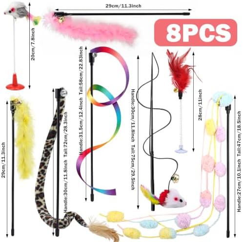 QUOZUO 8 Pack Interactive Cat Wand Toy Set, Cat Teaser Wand with Bells Colorful Feather Rainbow Kitten Toys for Exercise Indoor Cats Kitten