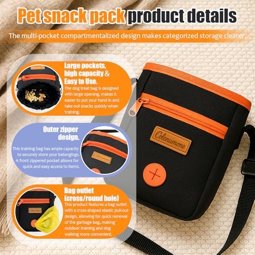 Dog Treat Pouch for Training and Walking, Water-Resistant Puppy Snack Bag with Poop Bag Dispenser, Adjustable Shoulder Strap and Waist Clip, Large Capacity Treat Holder, Black & Orange