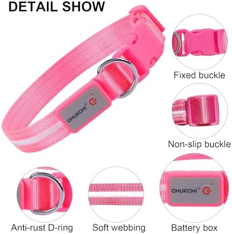 CHUKCHI LED Dog Collar Rechargeable,Waterproof Flashing Collar,Light Up Glow Collar, Adjustable Soft Safety Light Up for Small Medium Large Dogs Walking Camping at Night (Pink-S)