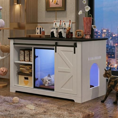 46" Cat Litter Box Enclosure Furniture with LED Light, Hidden Large Cat Cabinet with Storage Drawer & Sliding Barn Door, Indoor Pet House with Acrylic Door for Living Room, White