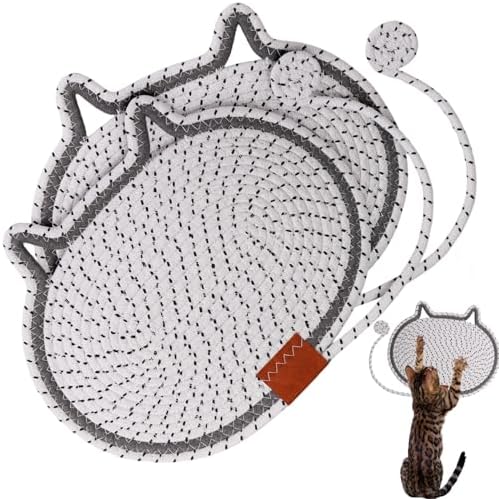 Cat Scratcher Mat Natural Cotton Rope Oval Horizontal Floor Cat Scratch Bed Pad with Ball Toy Protector for Furniture Floor Wall (White, 2 PC)