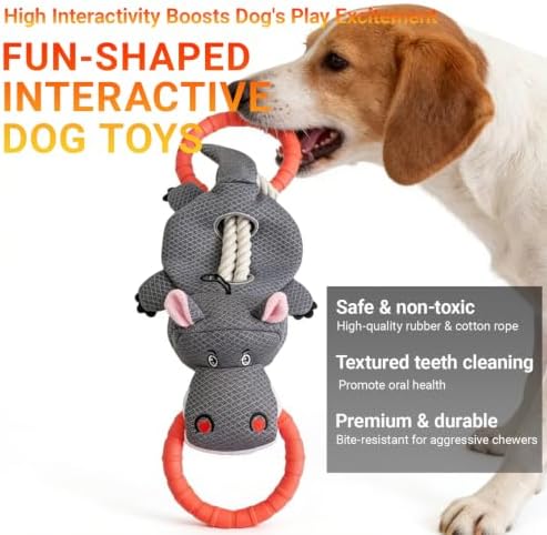 Tug of War Dog Toy - Rubber & Cotton Rope Toys for Dogs, Large Double Ring Dog Tug Toy,Interactive Dog Toys for Small Medium Large Dogs(Hippo)