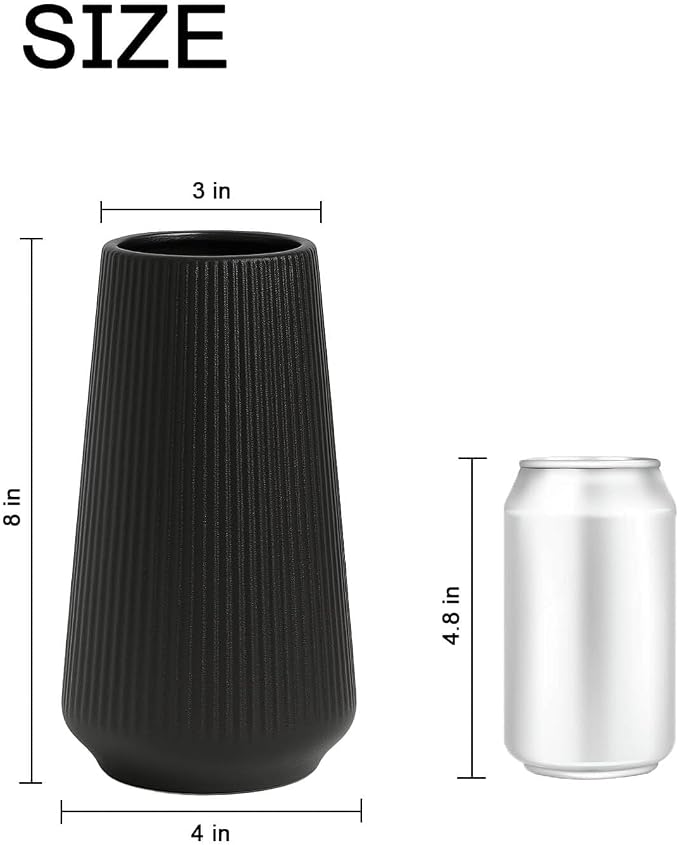 Black Ceramic Vase, 8 Inch Flower Vase for Pampas Grass, Modern Minimalist Ribbed Decorative Vase for Living Room Table, Shelf Decor