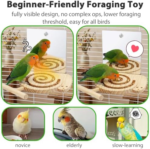 Bird Foraging Toys with Perch & Mirror, Easy for Novice/Older Birds