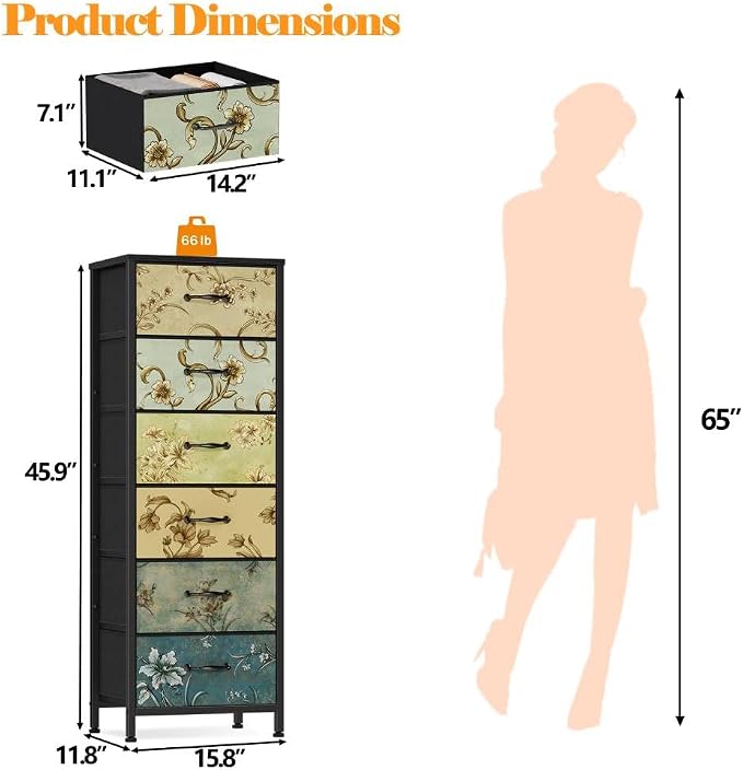 Tall 6 Drawers Dresser for Bedroom, Vintage Storage Organizer Unit | Tall Nightstand with Fabric Drawers, Retro Floral Pattern, Skinny Dresser for Closet, Dorm, Entryway, Metal Frame, Wood Top