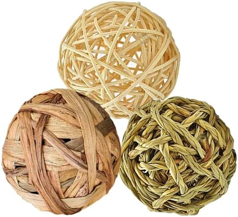 SunGrow 3 Pack Rabbit Chew Ball, Assorted Grass Teething Toy for Small Pocket Pet, Dental Wear Support, Boredom Relief Activity, Safe Woven Treat Enrichment for Bunny Guinea Pig Hamster Rat