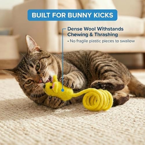 Glaciart One Felt Mouse Cat Toy – Soft Fuzzy Enrichment 100% Natural Wool - Interactive Catnip Play Cat Toy Set - Safe for Pets, Non-AZO Colored Dyes - 42” Long