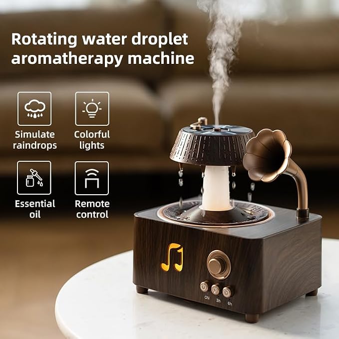 Vintage Record Player Essential Oil Diffuser 250mL Aromatherapy Diffuser with LED Light & Fragrance Diffusion, Quiet Humidifier for Home Bedroom Office Yoga, Retro Decor Air Freshener Machine