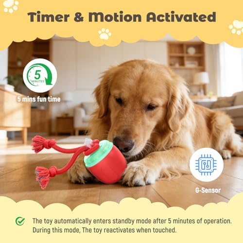 Interactive Dog Toys, Automatic Moving and Rolling Dogs Toy with Rope for Medium Large Dogs, Motion-Activated Dog Ball to Keep Them Busy(Red)