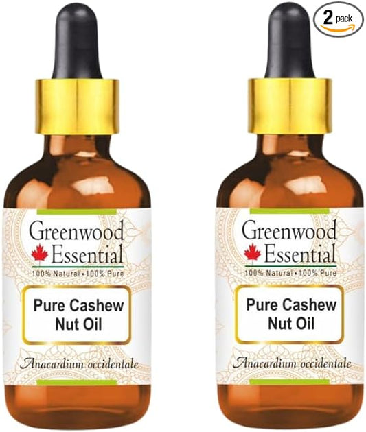 Greenwood Essential Cashew Nut Oil (Anacardium occidentale) with Glass Dropper| Infused | Pure | Non-Sticky | Lightweight | Moisturizing | For Skin & Hair | Multi-Purpose Use | Unisex |15ml X 2 (1 oz)