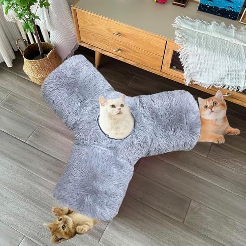 3-Way Collapsible Cat Tunnel Tube Toy Grey Plush