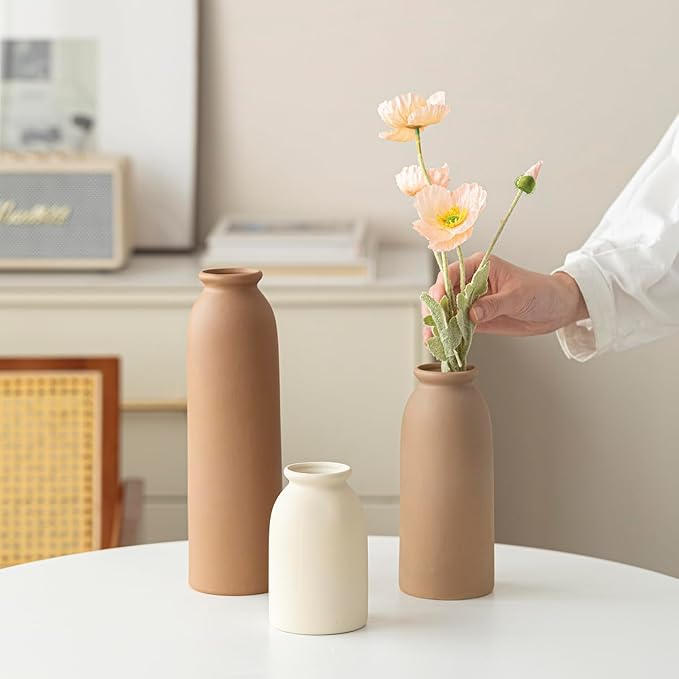 10.4 inches Tall Decorative Ceramic Vase Set, 3 Pieces, Nordic Modern Boho Style, White, Modern Farmhouse for Home Decor (Coffee Mix)