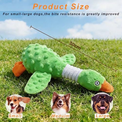 Squeaky Dog Toys for Aggressive Chewers, Durable Stuffed Animal Plush Dog Toy with Soft Fabric for Large, Medium & Small Dogs, Interactive Puppy Chew Toy for Teething, Crinkle Duck Dog Toy - Green