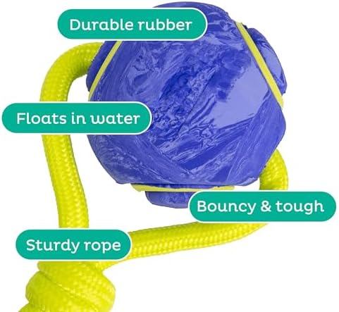 Outward Hound FlyFetch Ball Tug Dog Toy, Durable Rubber & Rope for Fetch and Tug-of-War, Lightweight, Floats, 9" x 3"