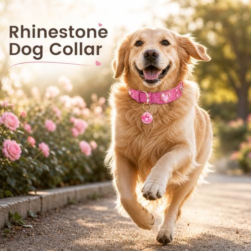 Rhinestone Dog Collar with QR ID Tag, Ostrich-Embossed, Pink, S | Crystal Dog Collar with Ostrich-Embossed Texture, Adjustable Waterproof Fit and QR Scan Pet ID for Stylish Daily Wear