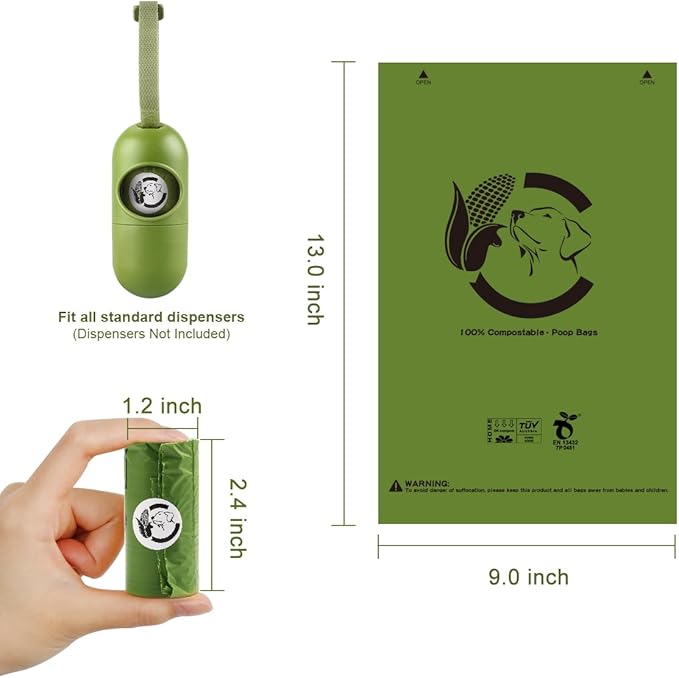Certified Home Compostable Dog Poop Bags, 270 Plant Based Bags (18 Rolls) | TÜV AUSTRIA Home Compost, ASTM D6400, EN 13432 and NF T51-800 Certified, Extra Thick, Unscented, Leak Proof, Cornstarch