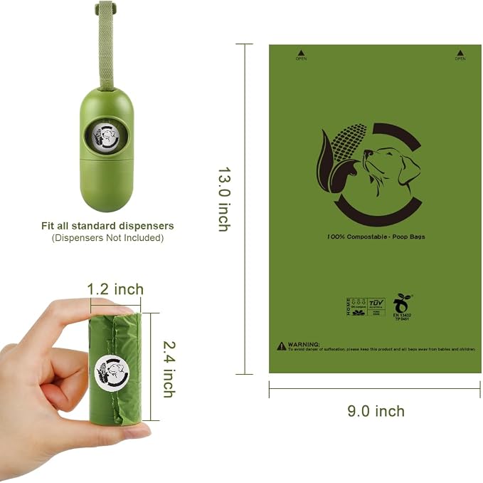 Certified Home Compostable Dog Poop Bags, 120 Plant Based Bags (8 Rolls) | TÜV AUSTRIA Home Compost, ASTM D6400, EN 13432 and NF T51-800 Certified, Extra Thick, Unscented, Leak Proof, Cornstarch