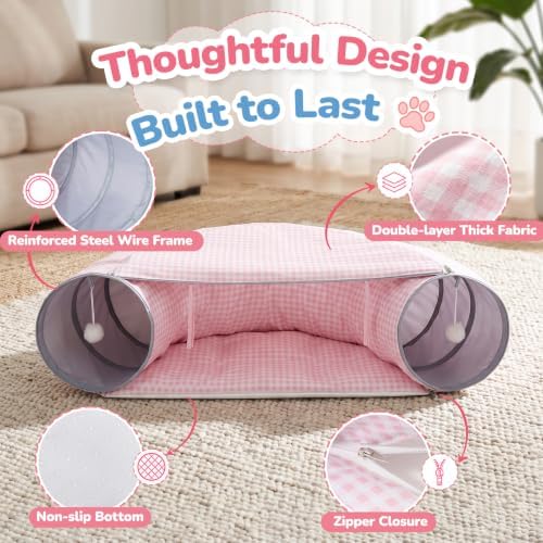 Bunny Tunnel Bed, 2-in-1 Collapsible Rabbit Guinea Pig Hideout, Pink