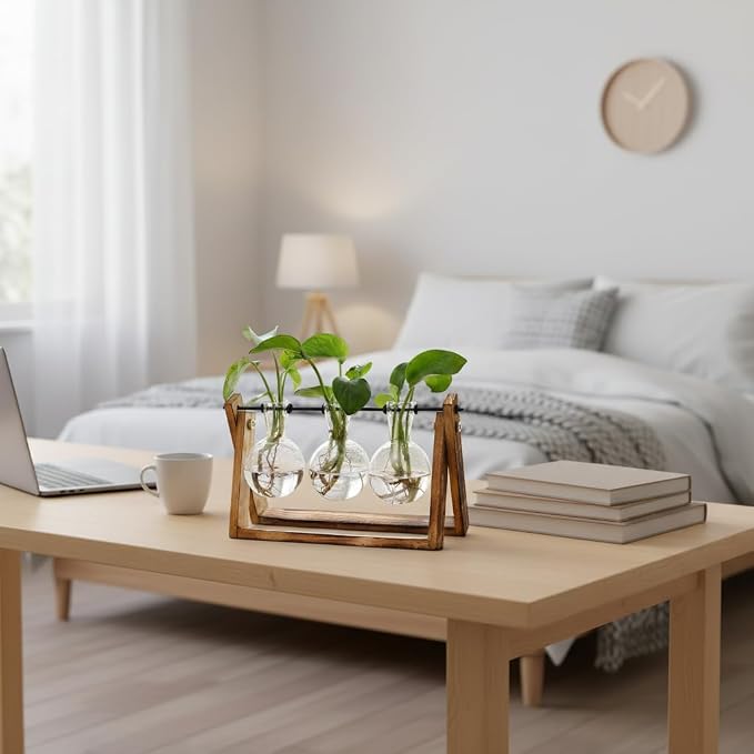 XXXFLOWER Plant Terrarium with Wooden Stand, Air Planter Bulb Glass Vase Metal Swivel Holder Retro Tabletop for Hydroponics Home Garden Office Decoration - 3 Bulb Vase | Air Planter Flower Glass Vase Retro for Hydroponics Cutting Home Garden Office Dec...