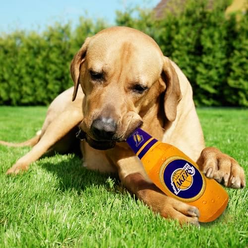 NBA Los Angeles Lakers Beer Bottle Plush Dog & CAT Squeak Toy - Cutest Stadium SODA Bottle Snack Plush Toy for Dogs & Cats with Inner Squeaker & Beautiful Basketball Team Name/Logo