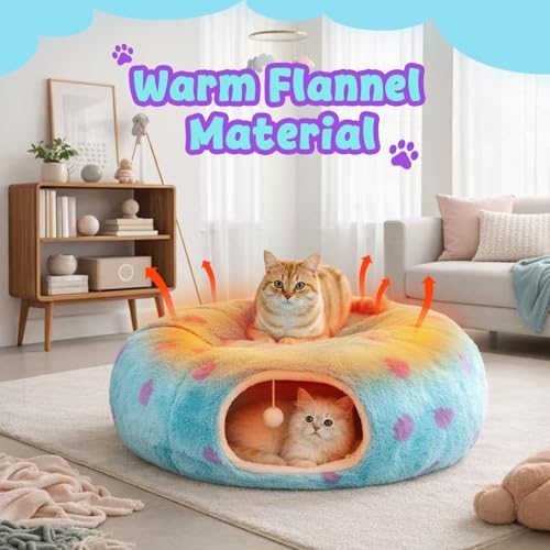 Cat Tunnel Bed for Indoor Cats, Cute Cat Tunnel Toy with Washable Cushion, Fits Cats up to 25 lbs, Peekaboo Cave Pet Bed for Kittens, Rabbits, Blue Purple Donut