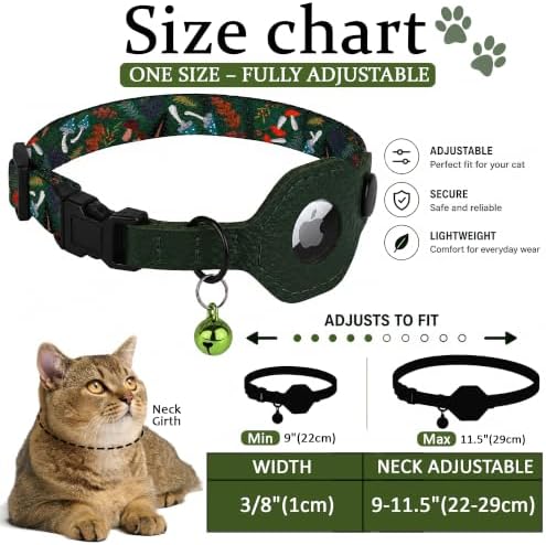 Breakaway Cat Collar with Leather AirTag Holder & Bell - Apple Air Tag Cat Collars for Girls & Boys, Lightweight Anti-Lost GPS Tracker Design, Printed Pattern - Safety and Adjustable (Mushroom)