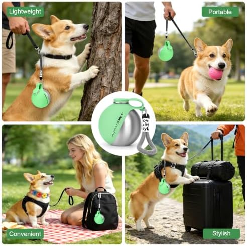 Portable Dog Water Bottle 10oz Stainless Steel Travel Dog Water Dispenser with Bowl No-Spill Puppy Water Bottle for Walking Hiking Small Dog Water Bottle (Mint Green)