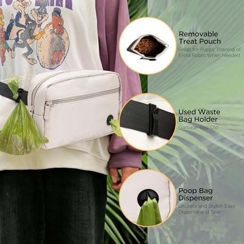 Puppy Dog Treat Pouches for Pet Training Treat Bag, Dog Walking Fanny Pack with Carabiner, Built-in Poop Bag Dispenser & Reuse Dog Poop Holder, Puppy Pet Treat Waist Belt (Cream)