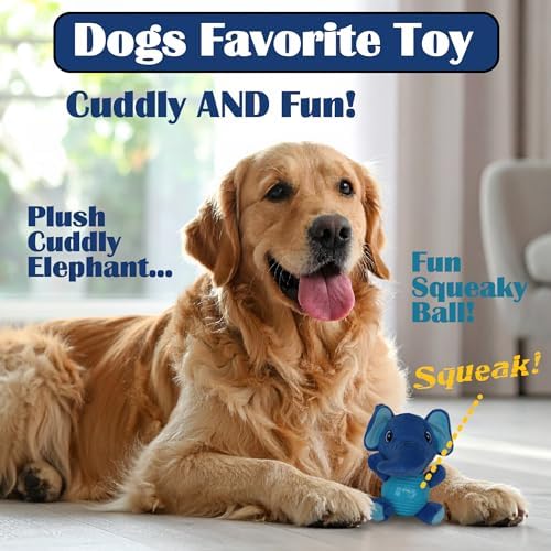 Blue Elephant Plush Chew Toy for Dogs, Soft Plush Dog Toy with Durable Ball for Small, Medium, Large Dogs.