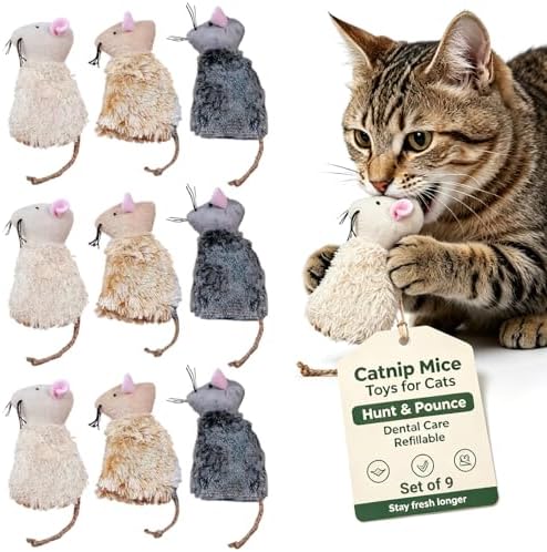 Ipetboom 9pcs Catnip Toys for Cats Refillable - Interactive Cat Chew Toys for Indoor with Natural Jute Tail and Long Fur - Durable Plush Mouse Pet Fun Tool for Hunting Boredom Relief