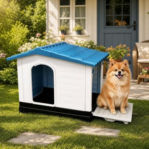 Elevated 2-Door Plastic Dog House Kennel with Fold