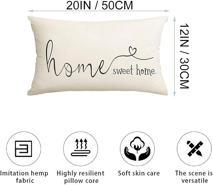 Home Sweet Home Quotes Farmhouse Pillow Covers 12x20 Inch,Farmhouse Decorative Lumbar Throw Pillow Case Cushion Cover,Housewarming Gifts