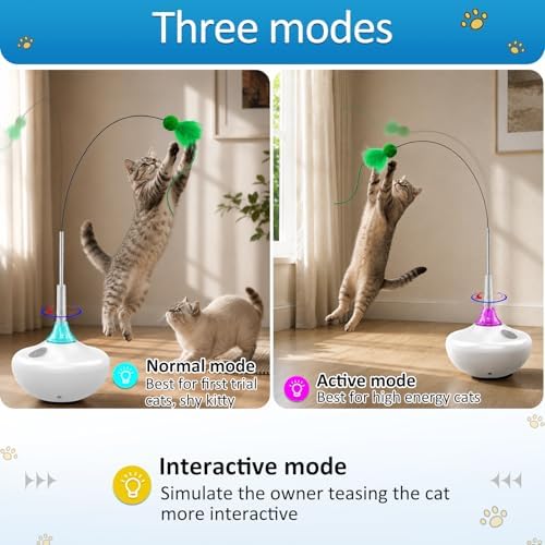 Interactive Cat Toy with Touch Activation, Automatic Spin Cat Toys for Indoor Cats, 26-Inch Extra Long Feather Wand, Rechargeable