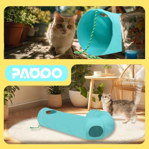 Cat Tunnel, 2-Way Collapsible Cat Tube with Interactive Peek-A-Boo Hole, Toy Ball, and Rope – Ideal for Indoor Cats, Kittens, and Rabbits (Light Blue)