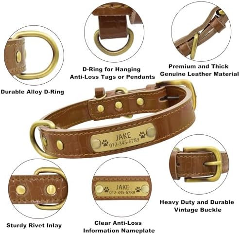 Personalized Genuine Leather Dog Collar with Engraved Name Plate - Durable and Stylish Custom Dog Collar for Small, Medium, and Large Dogs (M,Brown)
