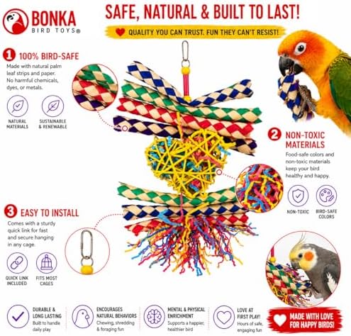 Bonka Bird Toys 1730 Foraging Valentine Heart Bird Toy for Medium Birds Shredding and Chewing Cage Toy Colorful Palm Leaf and Paper Foraging Toy 9" x 6" (Pack of 2)