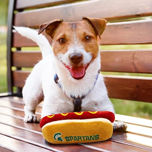 NCAA Michigan State Spartans HOT Dog Plush Dog & CAT Squeak Toy- Cutest HOT-Dog Snack Plush Toy for Dogs & Cats with Inner Squeaker & Beautiful Football/Basketball Team Name/Logo