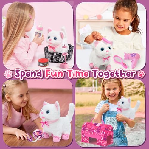 Golray Interactive Cat Toys for Kids Girls Gift, Electronic Plush Toy Cat Can Walk and Meow - 16 Pcs Carrier & Pet Groom Feed Care Pretend Play Set, Birthday Gift for Toddler Little Girl 3 4 5 6 7 8 9