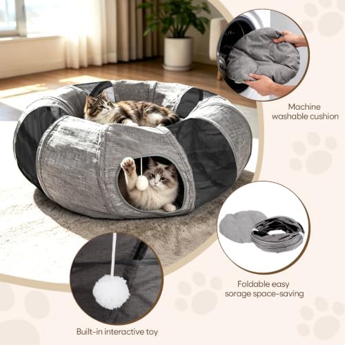 Ownpets 2 in 1 Collapsible Cat Tunnel for Indoor Cats with Cushion Bed