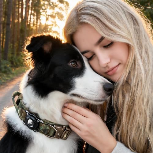 Tactical AirTag Dog Collar Waterproof with QR Code ID Tag, Military Training Dog Collar with Built-in AirTag Holder, Metal Buckle & Handle, GPS Tracking Collar for Medium to Large Dogs (Camo, L)