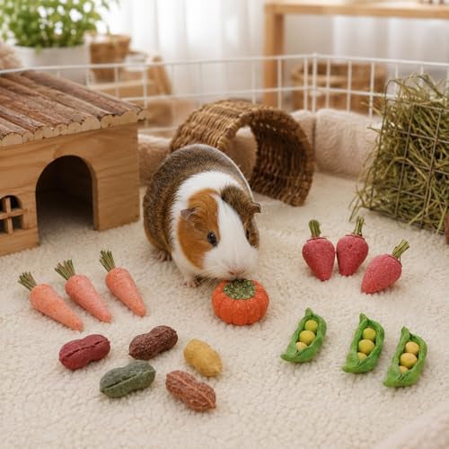 HERCOCCI 15Pcs Guinea Pig Chew Toys, Hamster Toys Prevent Excessive Teeth Growth Natural Vegetables Carrot & Timothy Grass for Guinea Pig Rabbit Chinchillas Gerbil