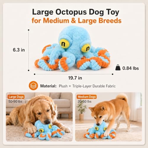 Squeaky Dog Plush Chew Toy, Interactive Tug Squeaky Toy for Chewers, Medium & Large Dogs & Fetch Play, 19.7 Inch Stuffed Octopus Toy with Flexible Spring Tentacles for Gentle Gum Care & Boredom Relief