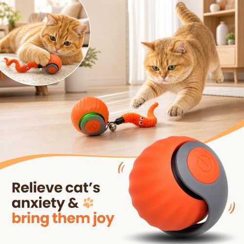 Rolling Cat Toy, 2-Speed Interactive Ball with Sound & 3 Replaceable Tails for Indoor Cats (Blue&Orange)