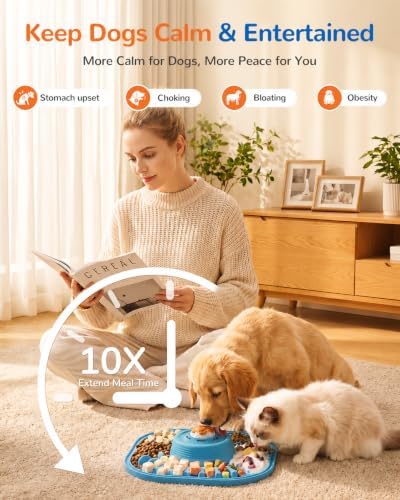 Slow Feeder Dog Bowl, 4-in-1 Enrichment Feeder with Interactive Roller Ball, Puzzle Lick Mat, Converts to Large Capacity Water Bowl, Strong Suction Base, for Dry & Wet Food