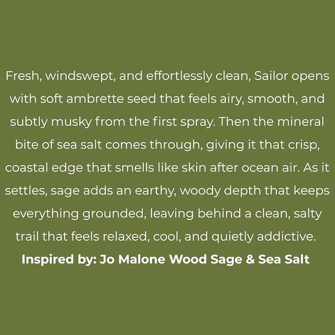 Sailor – Inspired by J.Malone Sage & Sea Salt – Long Lasting Eau de Parfum – Unisex Scent with Notes of Sea Salt, Ambrette & Wood Sage – Clean, Vegan & Plant-Based Perfume