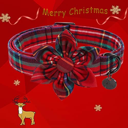 DOGWONG Christmas Dog Collar with Flower, Red Plaid Dog Collar Soft Durable Adjustable Cotton Red Tartan Puppy Collar for Small Medium Large Dog