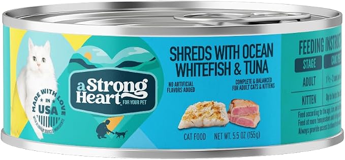 A Strong Heart Cat Food, Whitefish & Tuna Shreds, 5.5oz, 24pk | Real ocean whitefish & tuna, shredded texture in gravy, made in USA, 24-pack