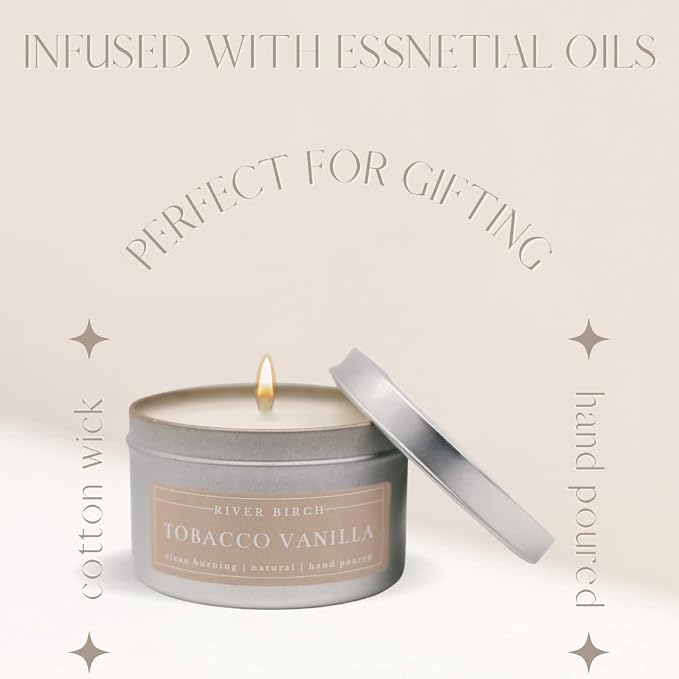 River Birch Candles Tobacco Vanilla Scented Candle | Premium, All-Natural, Non-Toxic, Soy Candles | 8 oz. Silver Tin Travel Candle | Cozy Relaxing Gifts for Home